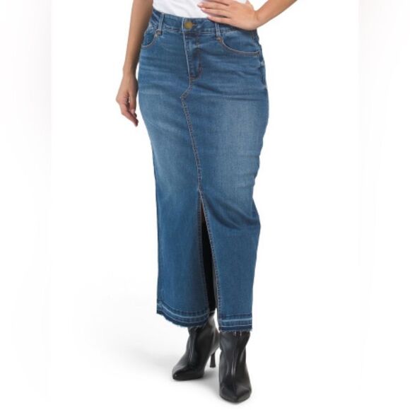 Democracy 10 Skyrise Uneven Yoke Ab Solution Front Slit Release Hem Denim Skirt - Picture 3 of 8